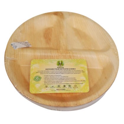Disposable Palm Leaf Plates 10" Round 3 Partition Pack of 10 | Eco-Friendly Plates | Pearl Naturals