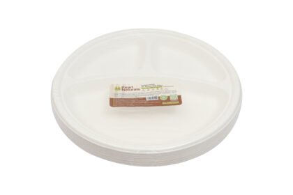Disposable Sugarcane Pulp White Bagasse 10" Round 3-Compartment Plate 25PCS | Pearl Naturals