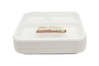 Disposable Sugarcane White Bagasse 8.5" Square 3-Compartment Plate Pack of 25 | Pearl Naturals