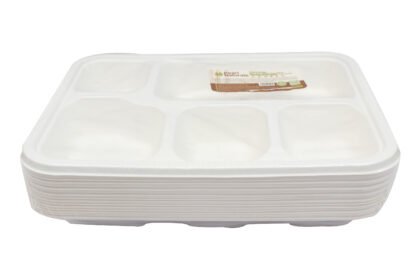 Disposable Sugarcane White Bagasse 11.5" Rectangle 5-Compartment Plate Pack of 25 | Pearl Naturals