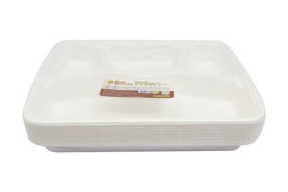 Disposable Sugarcane White Bagasse 11.5" Rectangle 4-Compartment Plate Pack of 25 | Pearl Naturals