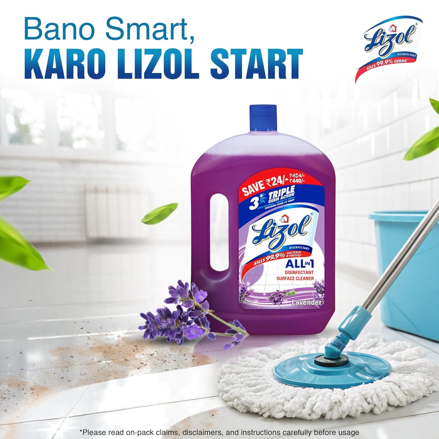 Lizol Disinfectant Surface & Floor Cleaner Liquid – Lavender, 2L + Free 500ml | Home Hygiene Cleaner - Image 2