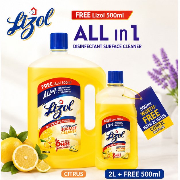 Lizol Disinfectant Surface & Floor Cleaner Liquid – Citrus Fresh, 2L | Home Hygiene & Cleaning
