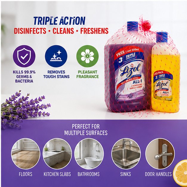 Lizol Disinfectant Surface & Floor Cleaner Liquid – Lavender, 2L + Free 500ml | Home Hygiene Cleaner - Image 5