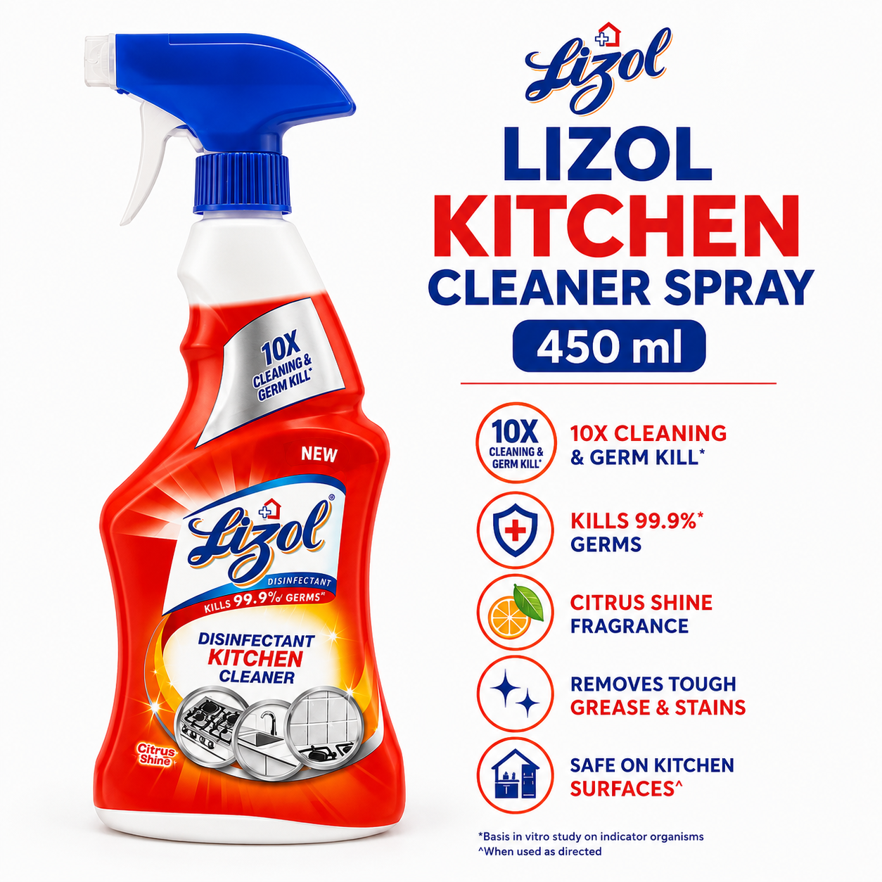 Lizol Kitchen Power Liquid Spray Kitchen Cleaner, 450ml | Powerful Grease & Surface Cleaner